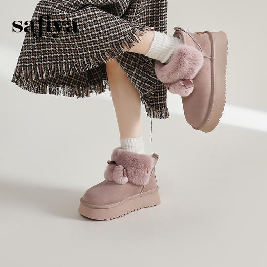Safiya/索菲娅2023冬季御寒可爱毛球蝴蝶结加绒增高雪地靴 SF3411A401 商品图6