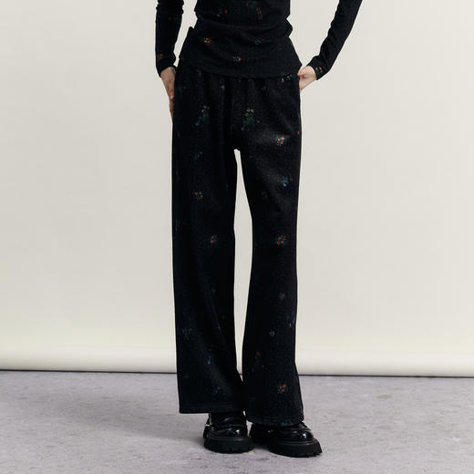谜底灯芯绒阔腿裤女2023冬新款复古印花松紧腰宽松长裤234MK1541 商品图0