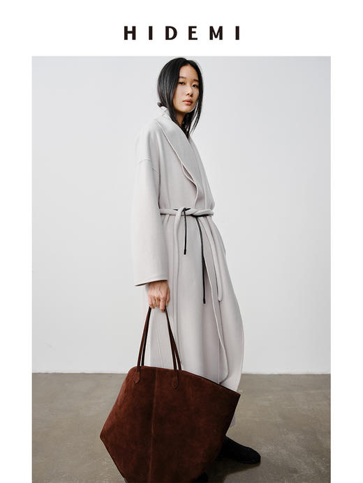 HIDEMI 澳洲美利奴羊毛可拆卸披肩围巾两件腰带式廓形大衣 商品图3