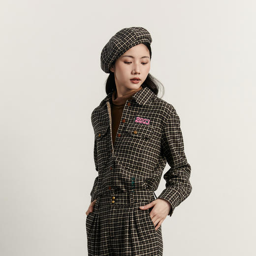 谜底格子衬衫长袖女2023冬款复古文艺绣花呢料保暖衬衣234MC1564 商品图1