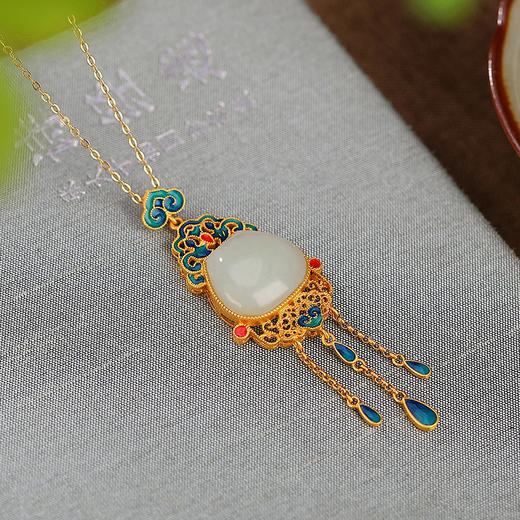 S925纯银镀金和田玉如意祥云流苏水滴吊坠气质珐琅挂坠CW 商品图2