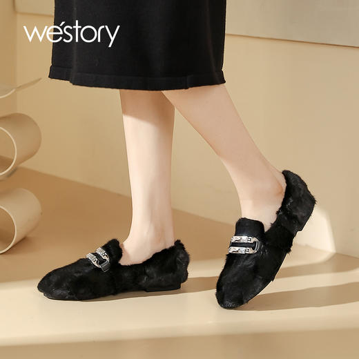 westory2023年秋季新品貂毛一脚蹬豆豆鞋休闲乐福鞋毛毛鞋S23DM83871 商品图2