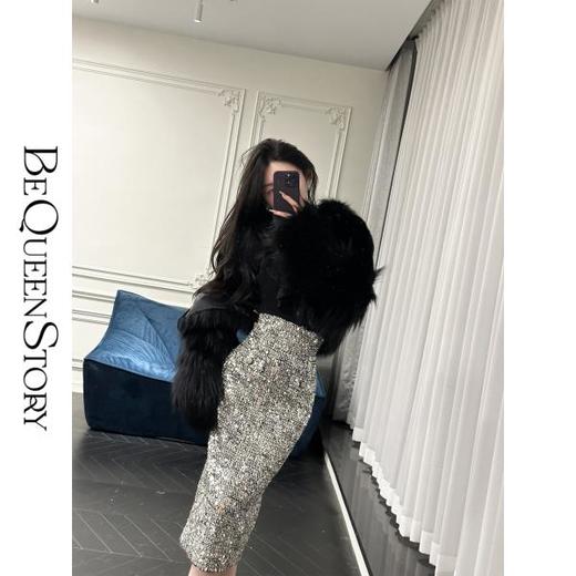 【孤品样衣，不退不换】【大女主星河】粗花呢编织亮片绣高腰开衩包臀半身裙女 商品图0