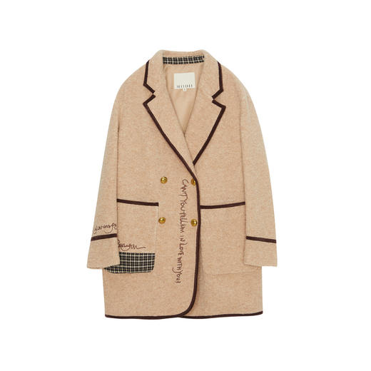 谜底羊毛呢大衣女2023冬新款学院风设计感绣花宽松外套234MD1527 商品图4