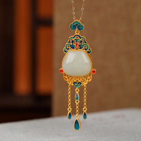 S925纯银镀金和田玉如意祥云流苏水滴吊坠气质珐琅挂坠CW