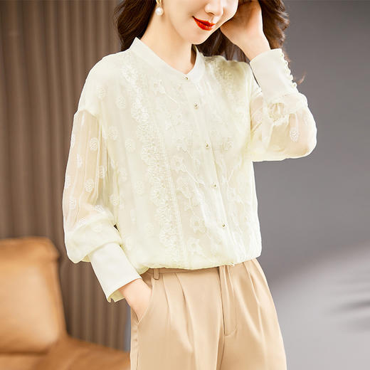 TC22399935 真丝衬衫女长袖重工刺绣上衣2023年春新款气质立领宽松桑蚕丝衬衣 商品图0