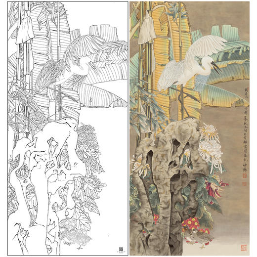 【大彩图】窦绅卿工笔画白描底稿《华堂益多图》芭蕉白鹭临摹勾线花鸟线稿HN09 商品图0
