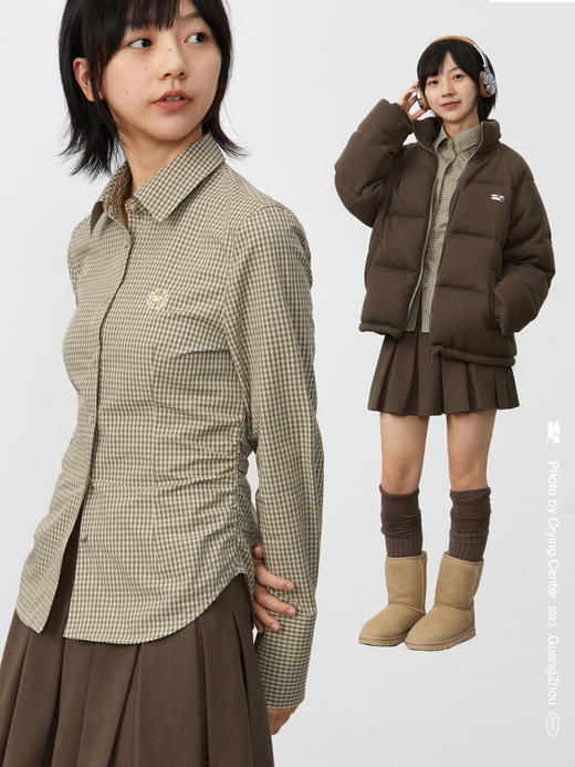 CryingCenter 卡其细格纹学院修身收腰女款内搭衬衫 哭喊中心 商品图4