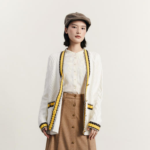 谜底针织开衫女2023冬季新款学院风提花百搭中长款毛衫234MZ1870 商品图0