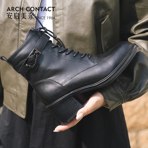 ARCHCONTACT安启美奈圆头舒适粗跟绑带女靴52873-1 商品图4