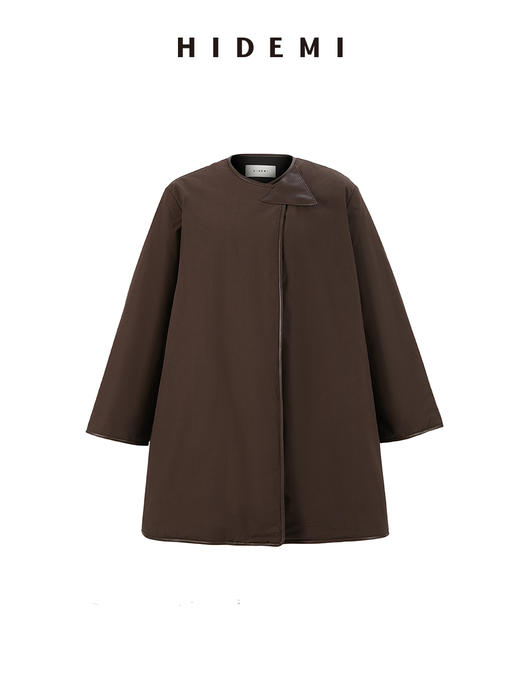 HIDEMI 经典极简三角形皮扣包皮边镶嵌工艺棉服大衣 摩卡棕/黑色 商品图6