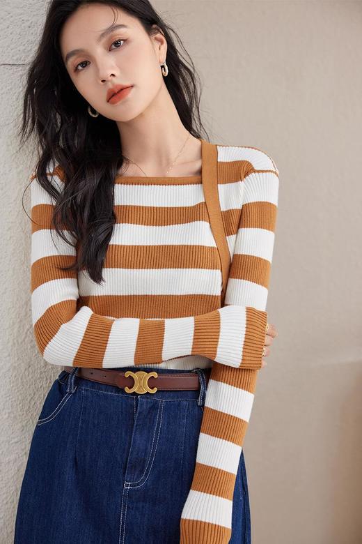 条纹针织衫女长袖秋季2023新款毛衣内搭宽松打底衫气质女人味上衣 商品图1