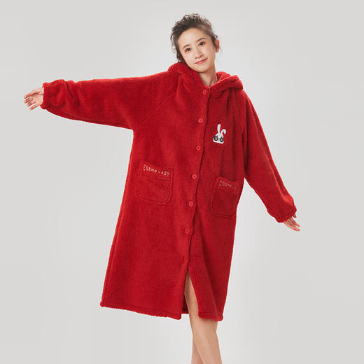 都市丽人生活家居女士睡衣长毛绒法兰绒单件袍家居服厚款单件袍家居服新年本命年红品LH37A8 商品图1
