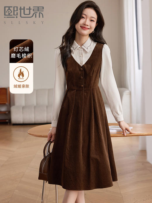 【专属特价】熙世界学院风假两件衬衫领灯芯绒磨毛背带裙连衣裙女2025秋冬新款 商品图0
