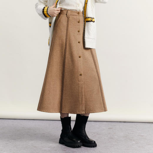谜底A字型半身裙2023冬季新品文艺风高腰百搭单排扣长裙234MB1568 商品图1