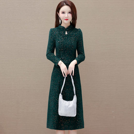 洋气时尚，印花长款中式连衣裙秋冬款立领长袖国风优雅打底裙QYM-XYKL-K523-L 商品图1