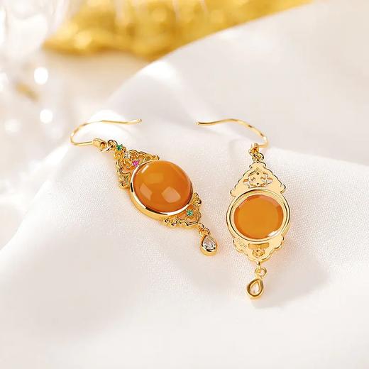 S925纯银镀金，复古蜜蜡如意镂空圆形耳钩CW-EG01753 商品图2