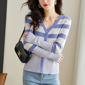 条纹针织衫开衫女长袖宽松春装2023新款毛衣外套韩版宽松v领上衣