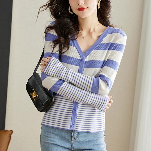 条纹针织衫开衫女长袖宽松春装2023新款毛衣外套韩版宽松v领上衣 商品图0