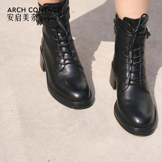 ARCHCONTACT安启美奈圆头舒适粗跟绑带女靴52873-1 商品图3