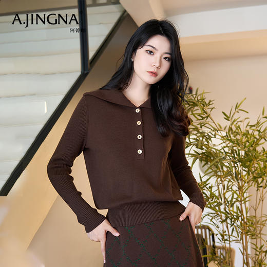 【商场同款】阿菁娜翻领纽扣时髦长袖针织衫A29D301051 商品图1