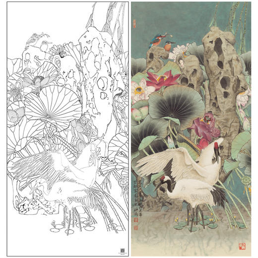 【大彩图】窦绅卿工笔画白描底稿《华堂益多图》白鹤临摹勾线花鸟线稿HN10 商品图0