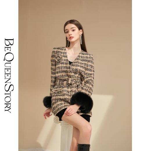 BeQueenStory【黑金报刊】轻奢千鸟格秋冬气质金丝编织小香风外套 商品图3