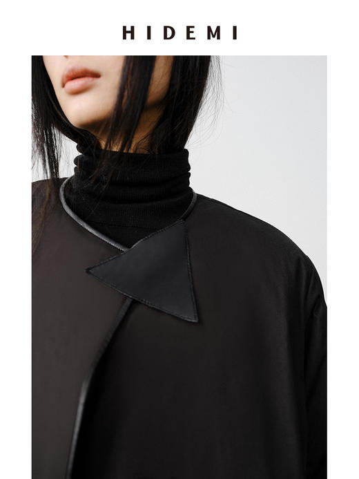 HIDEMI 经典极简三角形皮扣包皮边镶嵌工艺棉服大衣 摩卡棕/黑色 商品图2