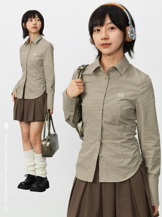 CryingCenter 卡其细格纹学院修身收腰女款内搭衬衫 哭喊中心 商品图3