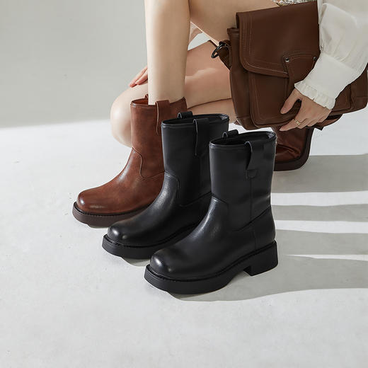 西遇复古中筒靴女新款秋冬美拉德宽筒西部靴棕色方头厚底短靴D2234314 商品图0
