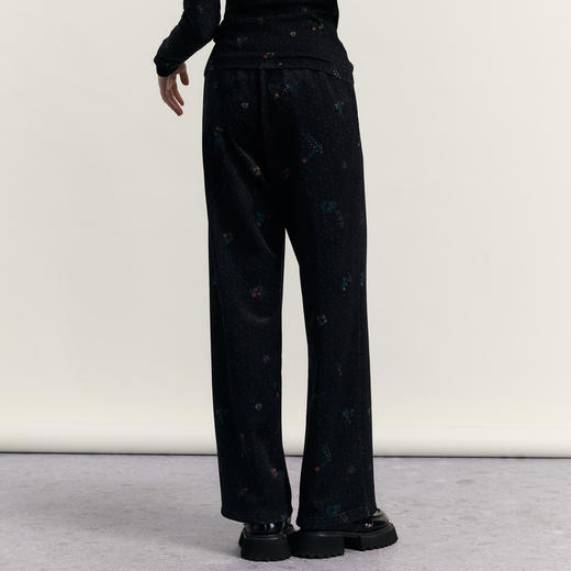 谜底灯芯绒阔腿裤女2023冬新款复古印花松紧腰宽松长裤234MK1541 商品图2