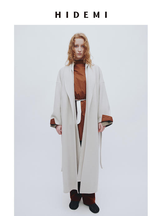 HIDEMI 澳洲美利奴羊毛可拆卸披肩围巾两件腰带式廓形大衣 商品图0