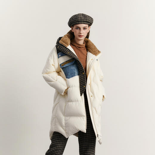 谜底中长款连帽羽绒服女2023冬款复古设计感拼接面包服234MY1586 商品图1