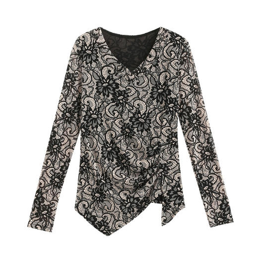 KQL E001M6793新款V领网纱印花套头T恤内搭外穿打底衫 商品图4