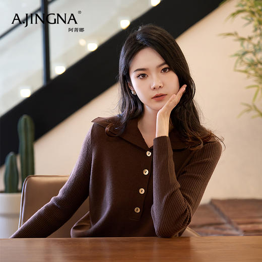 【商场同款】阿菁娜翻领纽扣时髦长袖针织衫A29D301051 商品图3