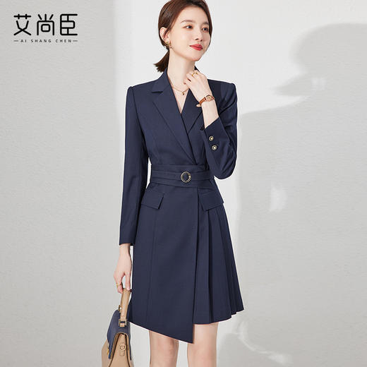 艾尚臣藏青色连衣裙女士秋款高级感2023新款气质职业正装西装裙 商品图0
