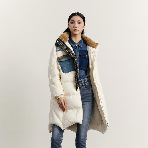 谜底中长款连帽羽绒服女2023冬款复古设计感拼接面包服234MY1586 商品图0