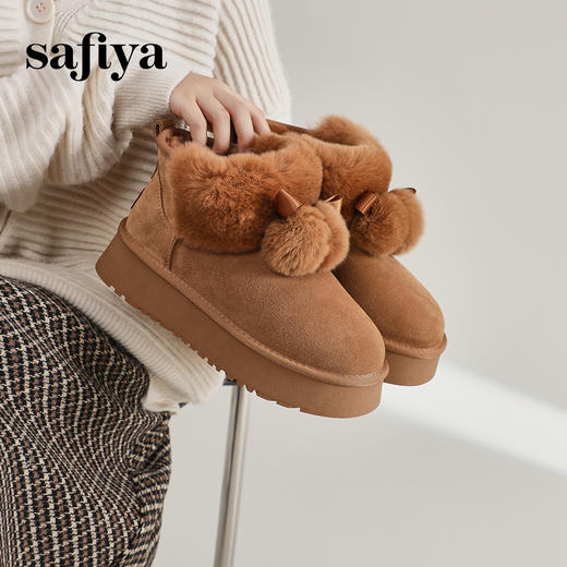 Safiya/索菲娅2023冬季御寒可爱毛球蝴蝶结加绒增高雪地靴 SF3411A401 商品图3