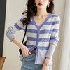 条纹针织衫开衫女长袖宽松春装2023新款毛衣外套韩版宽松v领上衣 商品缩略图4