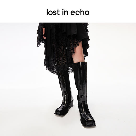 [断码]lost in echo设计师品牌小众增高复古显瘦拼接翘方头直筒粗跟长靴 商品图4