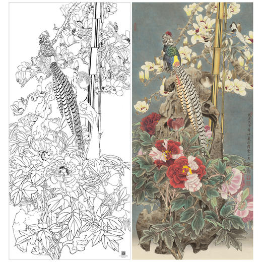 【大彩图】窦绅卿工笔画白描底稿《华堂益多图》锦鸡临摹勾线花鸟线稿HN07 商品图0
