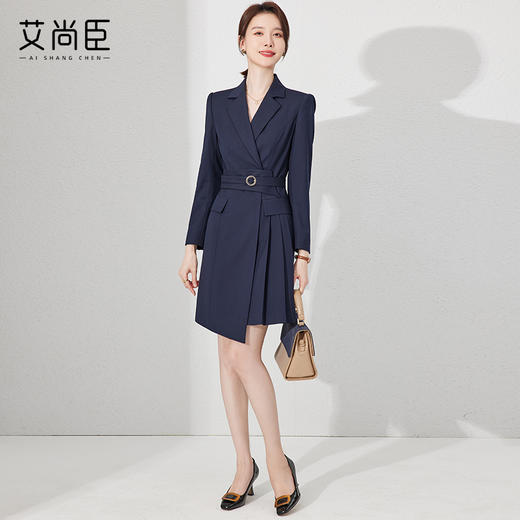 艾尚臣藏青色连衣裙女士秋款高级感2023新款气质职业正装西装裙 商品图1