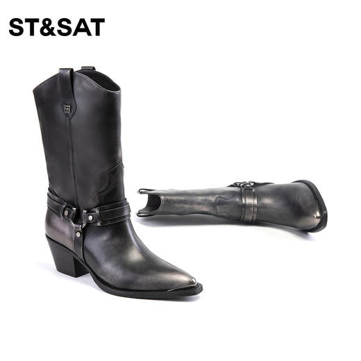 星期六美拉德复古西部靴粗跟短靴SS34116607 商品图4