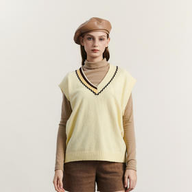 谜底V领针织马甲女2023冬季新款复古文艺宽松套头针织衫234MZ1896