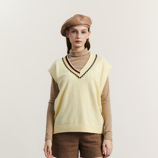 谜底V领针织马甲女2023冬季新款复古文艺宽松套头针织衫234MZ1896 商品图0