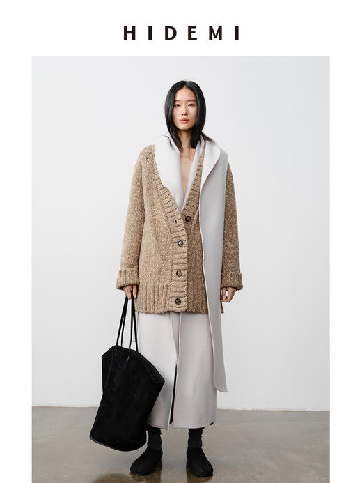 HIDEMI 澳洲美利奴羊毛可拆卸披肩围巾两件腰带式廓形大衣 商品图11