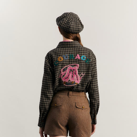 谜底格子衬衫长袖女2023冬款复古文艺绣花呢料保暖衬衣234MC1564 商品图2