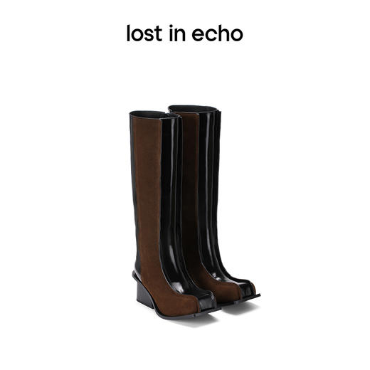 [断码]lost in echo设计师品牌小众增高复古显瘦拼接翘方头直筒粗跟长靴 商品图0
