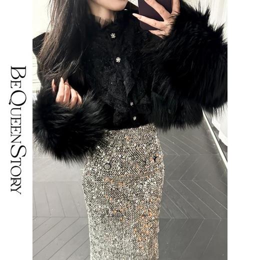 【孤品样衣，不退不换】【大女主星河】粗花呢编织亮片绣高腰开衩包臀半身裙女 商品图2