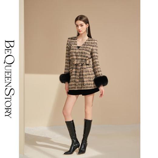 BeQueenStory【黑金报刊】轻奢千鸟格秋冬气质金丝编织小香风外套 商品图4